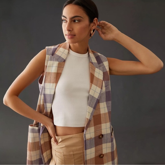 Anthropologie Hutch Plaid Longline Vest in Purple and Tan Linen NWOT Md - Picture 3 of 11